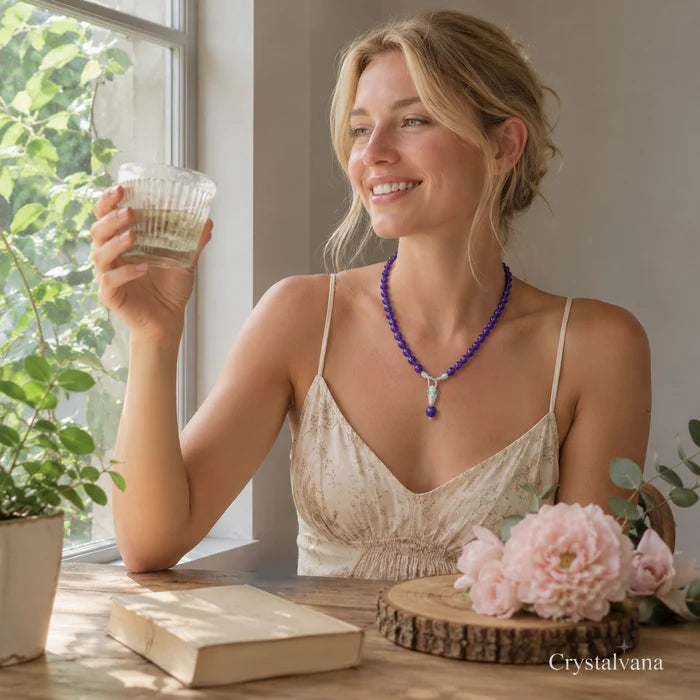 Close-up of 12mm amethyst bead pendant necklace - natural gemstone necklace for calm