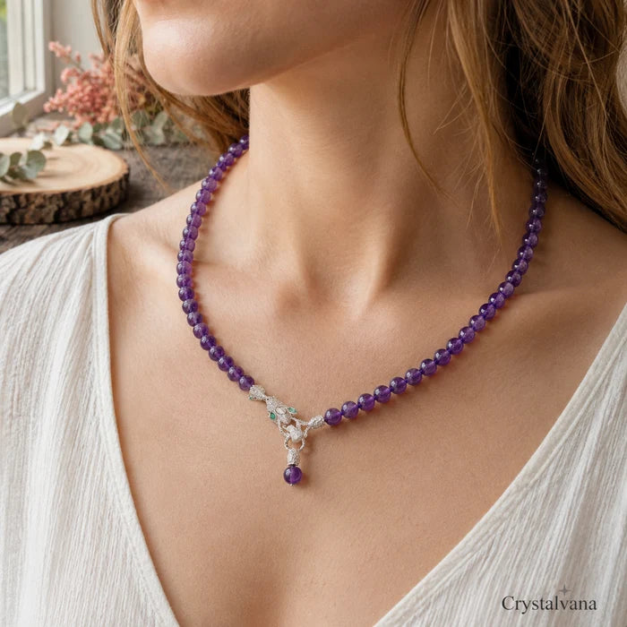 Amethyst crystal pendant close-up - handcrafted gemstone necklace for spiritual growth