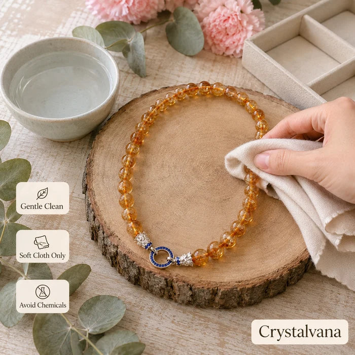 Lifestyle shot of citrine necklace worn elegantly - wealth attraction crystal by Crystalvana