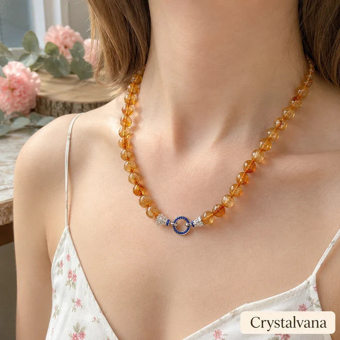 Side view of handcrafted citrine pendant necklace - natural gemstone crystal jewelry