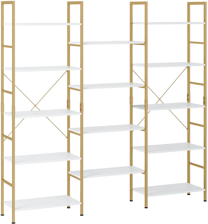 5-Tier Large Bookshelf, Industrial Open Storage Display Organizer, Triple Wide Home Office Furniture, White and Gold Finish