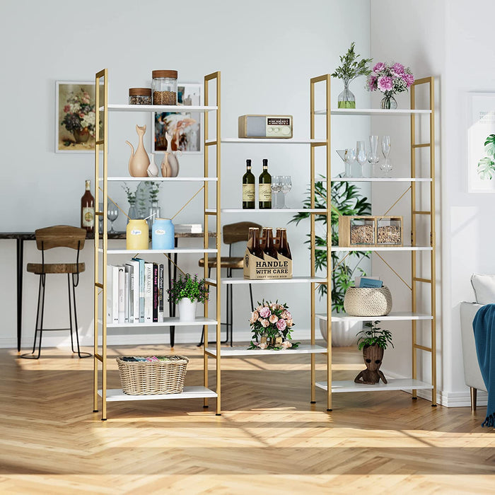 5-Tier Large Bookshelf, Industrial Open Storage Display Organizer, Triple Wide Home Office Furniture, White and Gold Finish