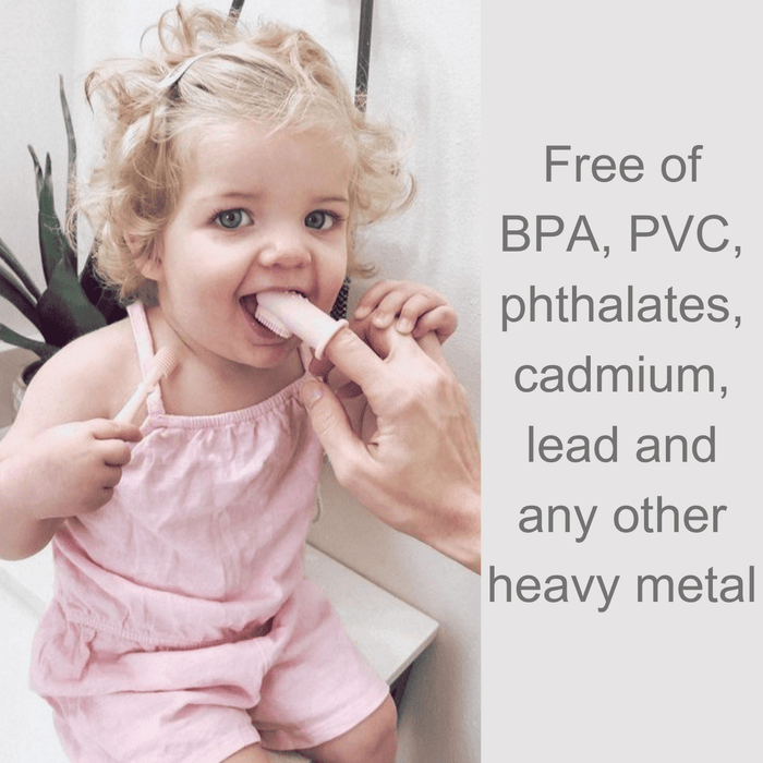 Child chewing on a BPA and phthalate-free baby finger toothbrush with safety text displayed