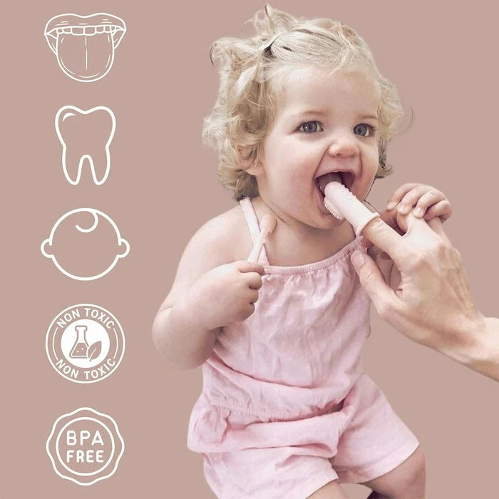 Mother using Ali+Oli Baby Finger Toothbrush to clean her child's teeth