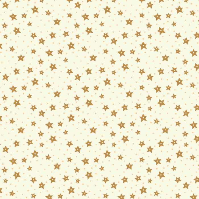Pattern of small gold stars on a beige cotton quilting fabric