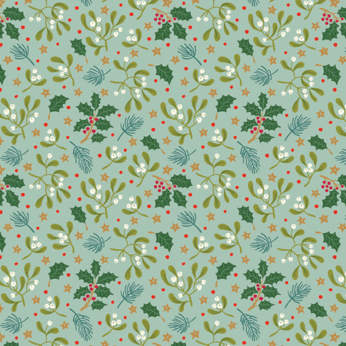 Christmas-themed pattern with mistletoe, holly, and berries on a light blue cotton quilting fabric