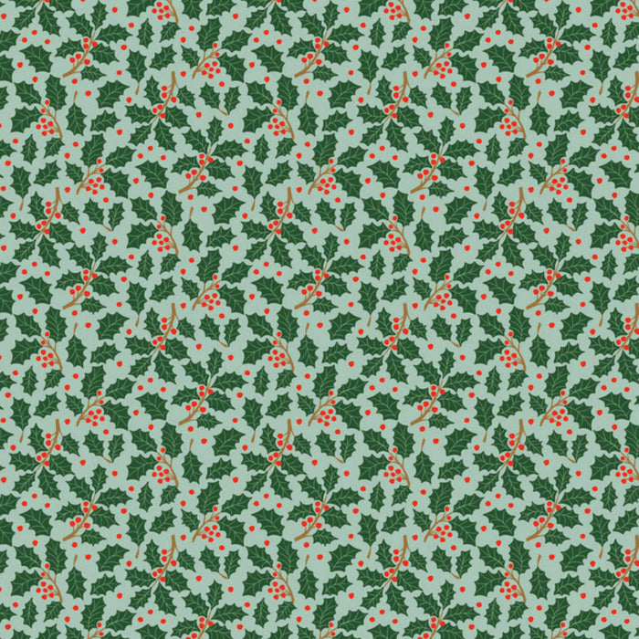 Pattern of green holly leaves and red berries on a light blue cotton quilting fabric.