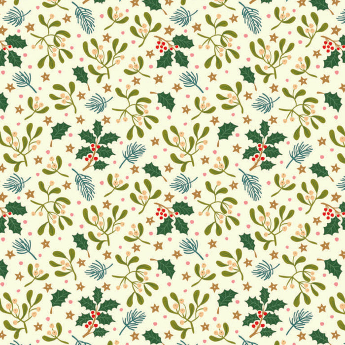 Christmas-themed pattern with holly leaves, mistletoe, and berries on a light cotton quilting fabric