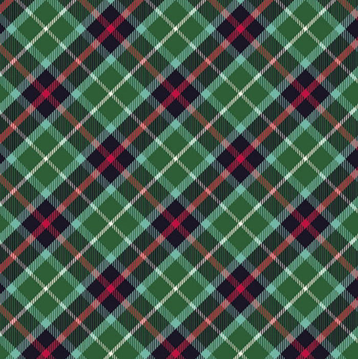 Tartan pattern with green, red, and black colours on a cotton quilting fabric