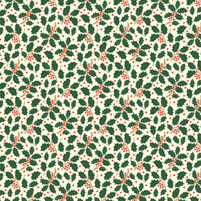 Pattern of green holly leaves and red berries on a white cotton quilting fabric.