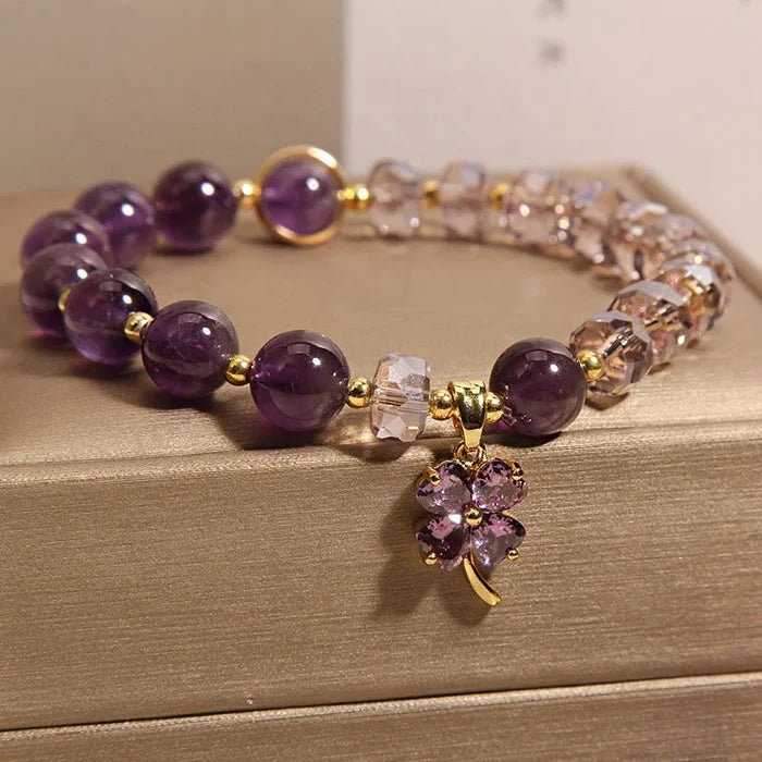 Amethyst clover bracelet four-leaf clover good luck wealth healing crystal jewelry by Crystalvana