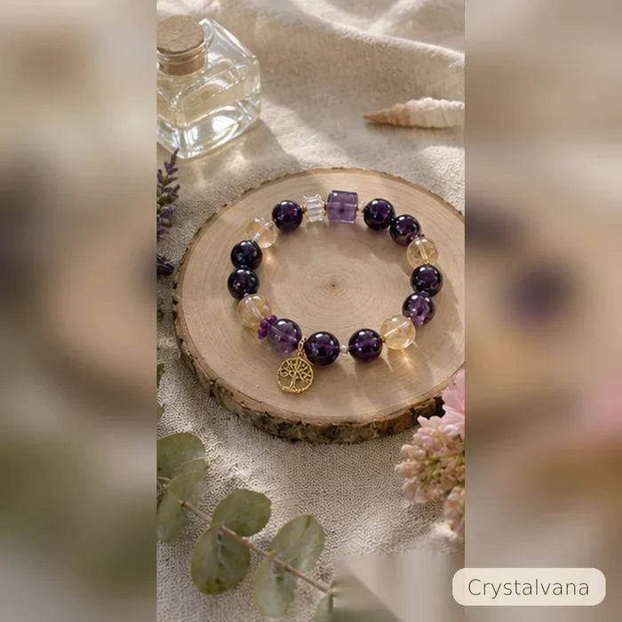 Natural amethyst crystal bracelet on white background, hand-strung 8mm Brazilian amethyst beads for wealth and spiritual calm, Crystalvana
