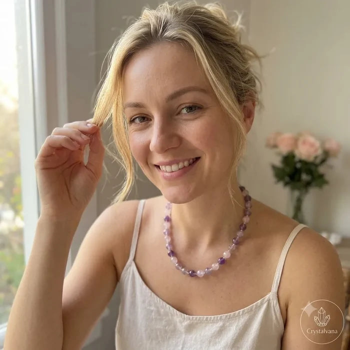 Woman wearing purple amethyst choker necklace at table with roses, lifestyle fashion jewelry, Crystalvana