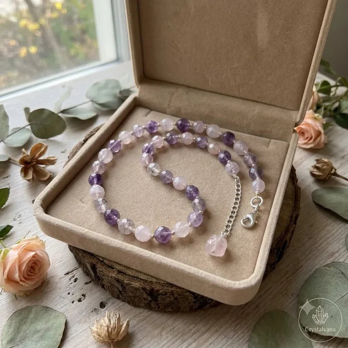 Woman wearing amethyst crystal choker holding coffee cup at cafe, daily lifestyle jewelry, Crystalvana