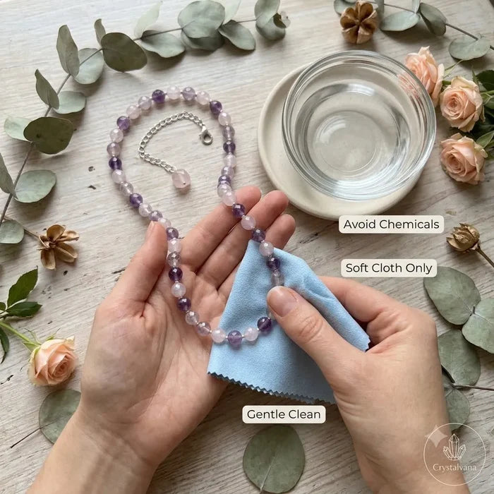 Purple amethyst crystal choker necklace displayed in gift box, ready for gifting, Crystalvana