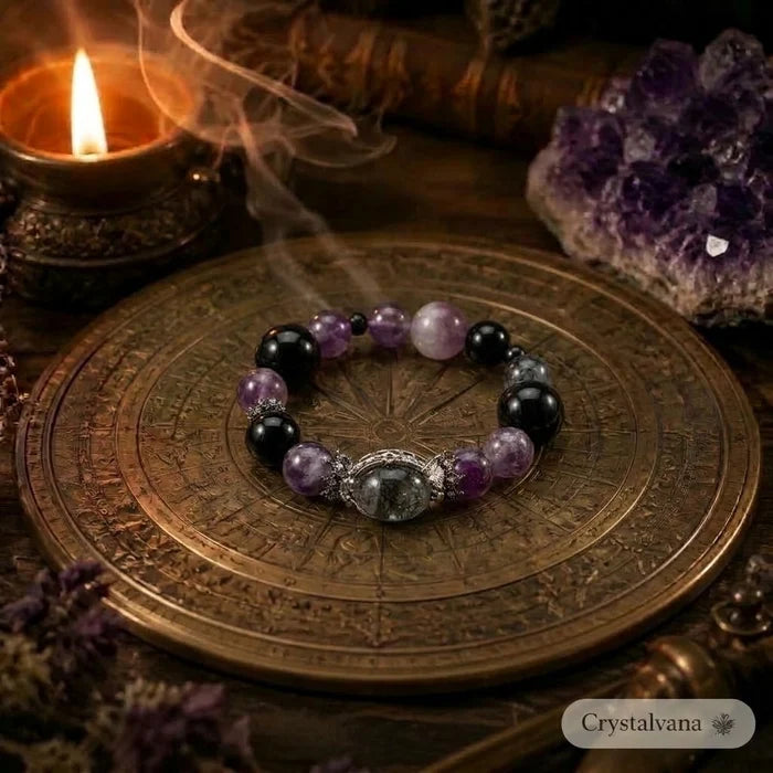 Amethyst Rabbit Hair & Black Obsidian Bracelet | Protection & Intuition | Crystalvana