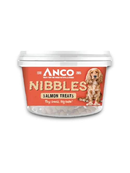 Stock image of the Anco Nibbles Salmon Treats, showing the packaging pot with a orange label and a dog on the front.