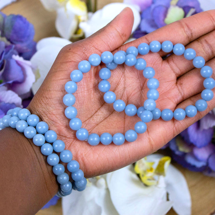 Close-up of natural Angelite beads showing colour and pattern