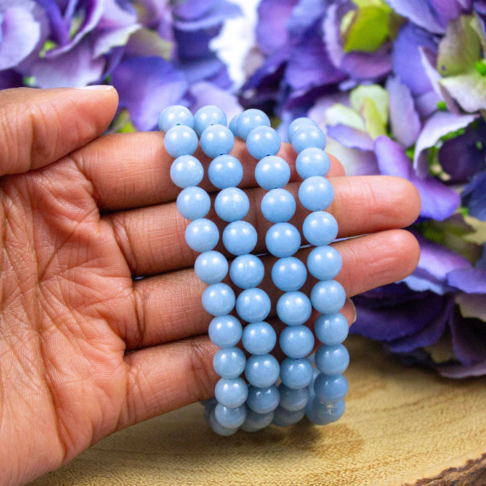 Angelite bracelet worn on the wrist