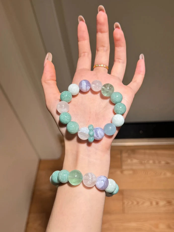 Ban Shan Qing | Amazonite White Phantom Amethyst Verdite Fluorite 13mm Bracelet | Crystalvana
