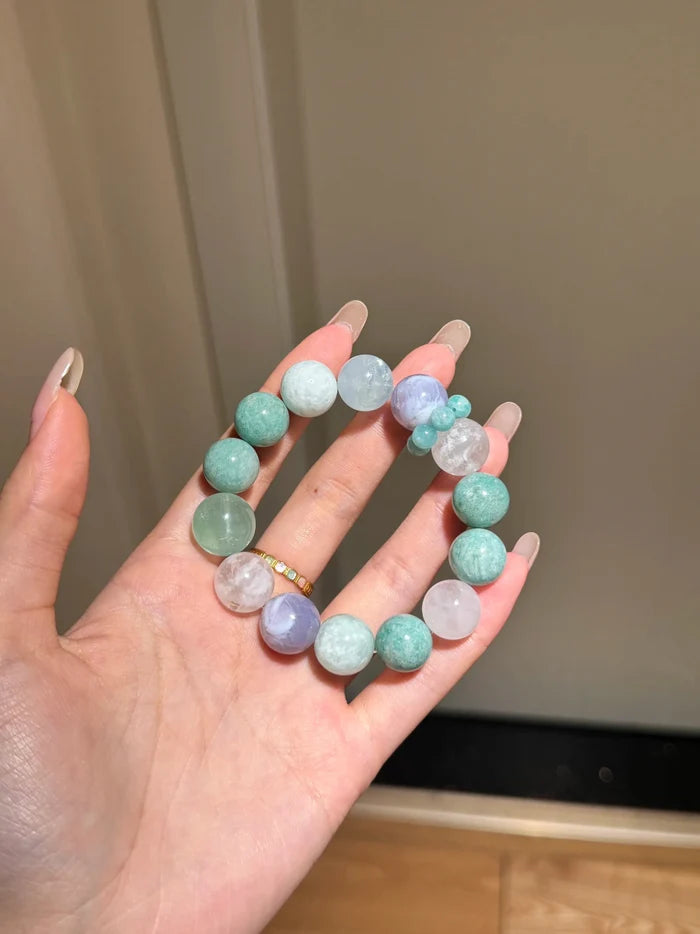 Ban Shan Qing | Amazonite White Phantom Amethyst Verdite Fluorite 13mm Bracelet | Crystalvana