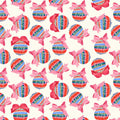 A repeating pattern of Christmas ornaments and pink bows on a cream background. The ornaments are striped in red, blue, green, and yellow, and are wrapped in pink bows.