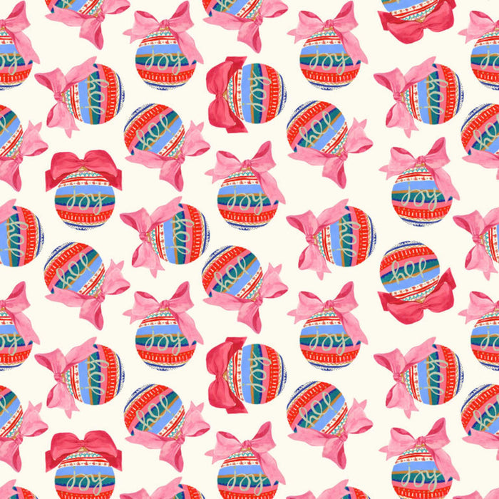 A repeating pattern of Christmas ornaments and pink bows on a cream background. The ornaments are striped in red, blue, green, and yellow, and are wrapped in pink bows.
