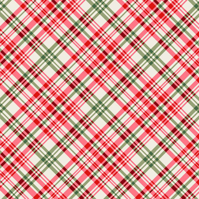 Plaid pattern with red, green, and white colors on a fabric background