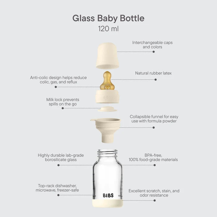 Bibs Glass Bottle Round Latex Slow Flow (120ml)