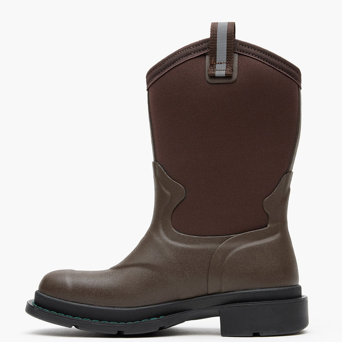 Brown rubber boot with a black sole on a white background