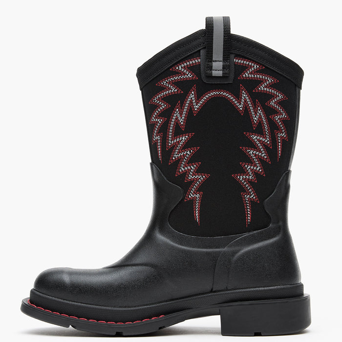 Chore Western Kids Rubber cowboy boot in black with red stitching on a white background
