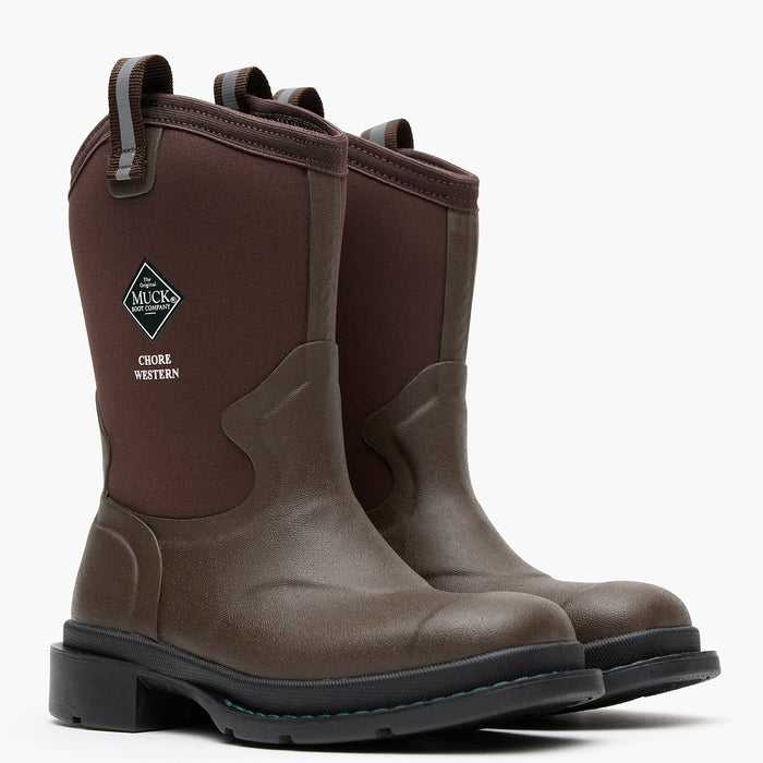 Pair of brown rubber boots with black soles on a white background