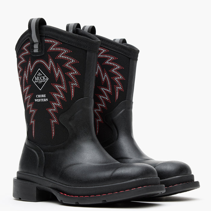 Pair of Chore Western Kids Rubber cowboy boot in black with red stitching on white background