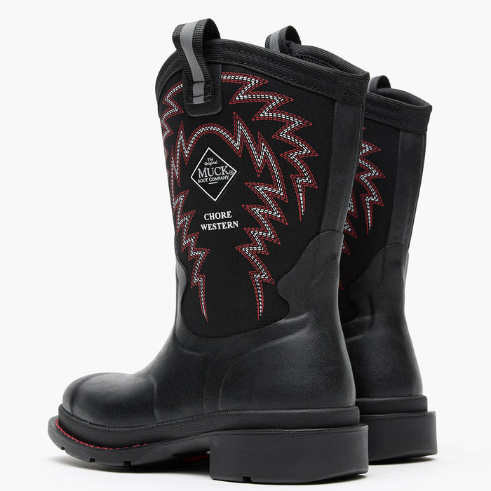 Chore Western Kids Rubber cowboy boot in black with red stitching on a white background
