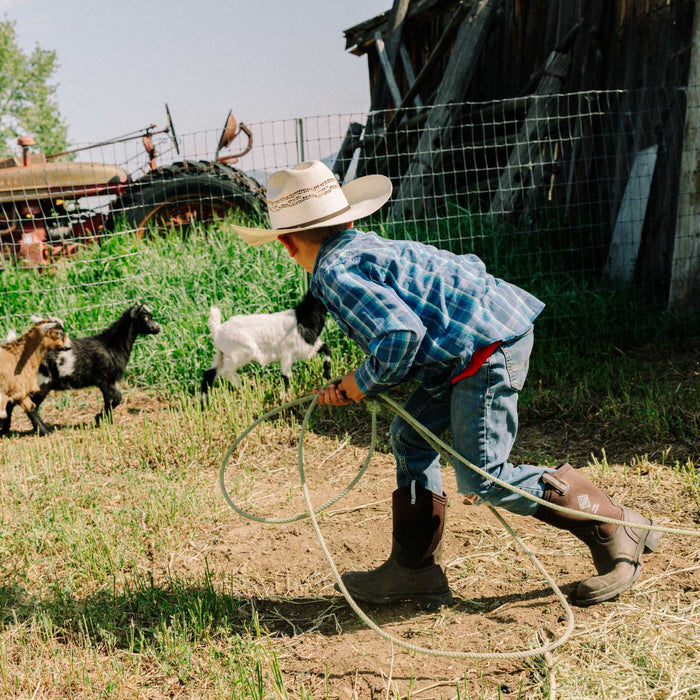 Child in cowboy hat and boots with a lasso, surrounded by goats in a rural setting.