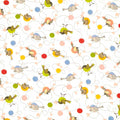 Pattern of colorful birds and wool balls on a white cotton fabric