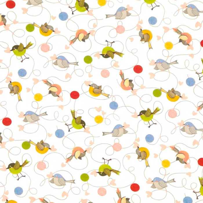 Pattern of colorful birds and wool balls on a white cotton fabric