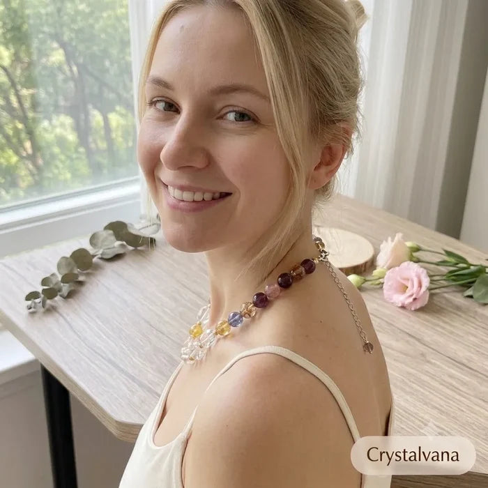 Black Gold Super Seven crystal choker necklace worn by model back view, lifestyle outfit inspiration, Crystalvana