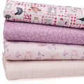 Four folded fat quarters stacked vertically, showcasing different patterns and colors: a pink gingham with farm animal illustrations, a dusty purple with white leaf motifs, a light pink with pig and chicken prints, and a textured beige fabric.