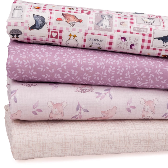 Four folded fat quarters stacked vertically, showcasing different patterns and colors: a pink gingham with farm animal illustrations, a dusty purple with white leaf motifs, a light pink with pig and chicken prints, and a textured beige fabric.