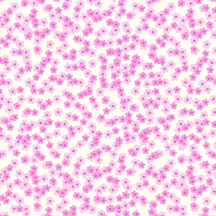 Pretty pink shaded blossoms scattered across a white 100% cotton fabric