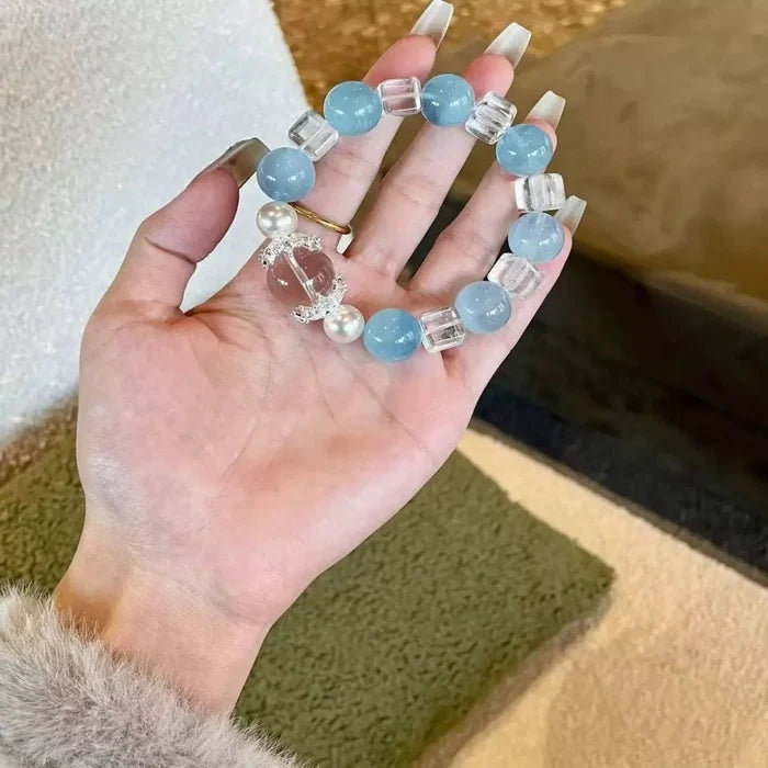 Blue Chalcedony and White Crystal cube bracelet for purification and calm, Crystalvana