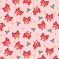 Pattern of red bows and holly leaves on a pink background