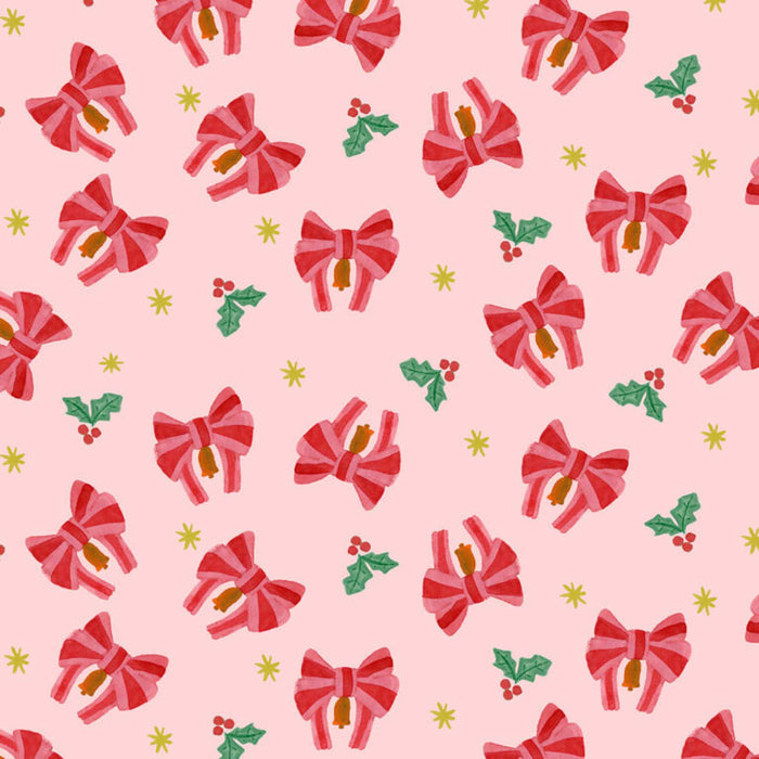 Pattern of red bows and holly leaves on a pink background