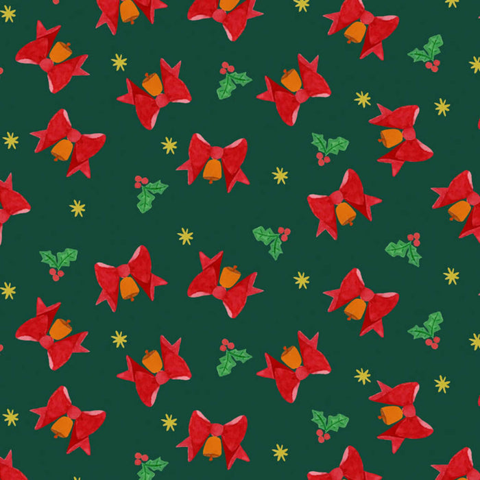 Pattern of red bows, holly leaves, and berries on a green background