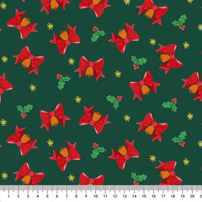 A repeating Christmas pattern on a dark green background featuring red bow and star motifs, green holly leaves, red berries, and small yellow stars, with a white ruler along the bottom edge showing measurements.