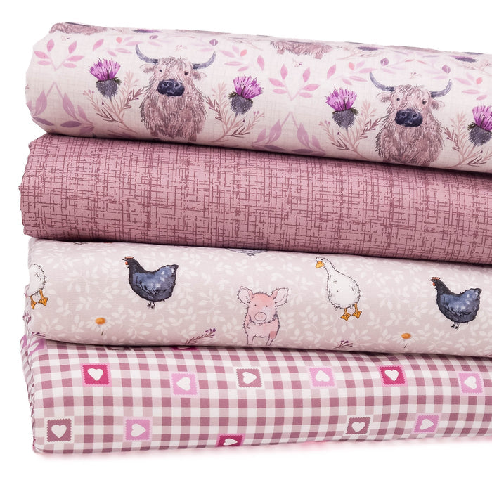 Four folded fabric quarters stacked vertically on a white background. The top fabric has a highland cow and thistle pattern, the second is a dusty rose textured print, the third features a pig, chicken, and duck motif, and the bottom is a pink and white gingham check with hearts and squares.