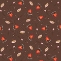 Pattern of campfire, marshmallows, and leaves on a brown cotton quilting fabric