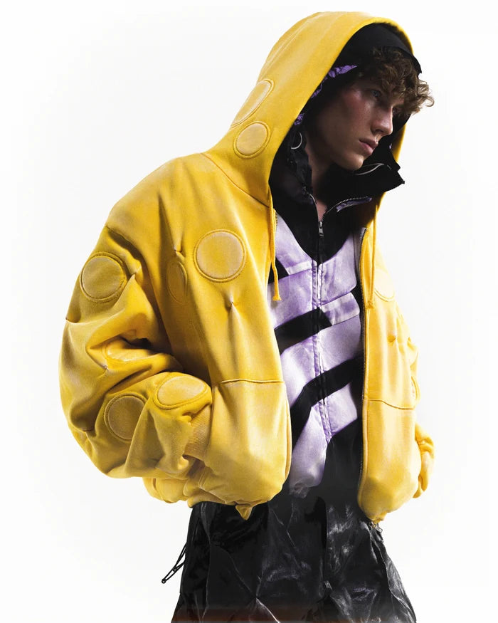 CANARY YELLOW 'OXYGEN' PADDED ZIP-UP HOODIE