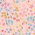 Hand-printed wild summer flowers printed on a light coral quilting fabric.